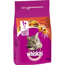 WHISKAS ADULT 1+ Πλήρης και Ισορροπημένη Ξηρή Τροφή για Γάτα με Μοσχάρι 14kg