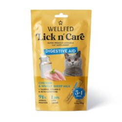 Wellfed Lick N’ Care Digestive Aid 5+1 Δώρο 90gr – Κρεμώδης Λιχουδιά με Κοτόπουλο & Πρόβειο Γάλα για Πέψη