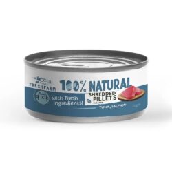 Fresh Farm 100% Natural τεμαχισμένα φιλέτα τόνου και σολομού σε σάλτσα Can 70gr